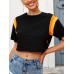 Women Side Stripe Print Cropped Short Sleeve Black T  Shirts