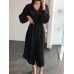 Solid Belt Long Sleeve Lapel Button Down Shirt Dress