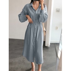 Solid Belt Long Sleeve Lapel Button Down Shirt Dress