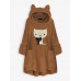 Cat Embroidery Hooded Pocket Irregular Hem Fleece Casual Sweatshirt