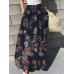 Women Floral Print Elastic Waist Pleated Casual Wide Leg Pants With Pocket