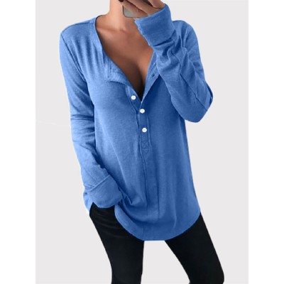 Women Solid Color Half Button Cotton Casual Loose Long Sleeve T  Shirt