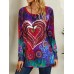 Women Graffiti Heart Floral Print Round Neck Casual Long Sleeve T  Shirt