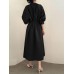 Solid Belt Loose Puff Long Sleeve V  neck Shirt Dress