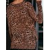 Women Leopard Print Slit Zipper Hem Long Sleeve Casual T  Shirts