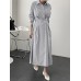 Stripe Print Lapel Long Sleeve Button Elastic Waist Shirt Dress