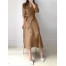 Solid Cross Front Tie Pleated Long Sleeve Lapel Shirt Dress